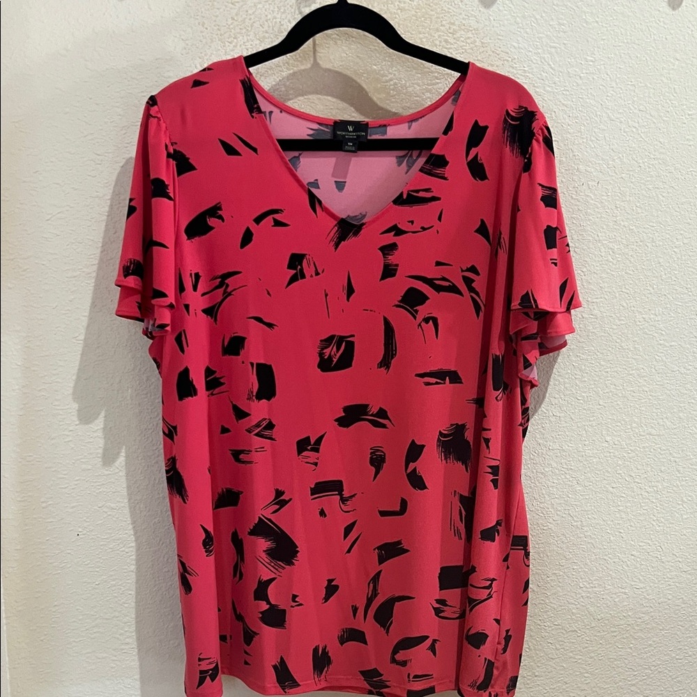 Worthington Vibrant Red and Black Patterned Blouse